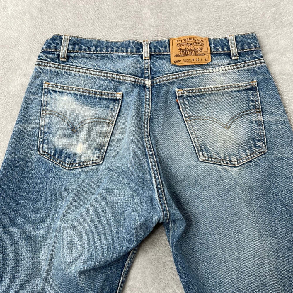 Levi's Orange Tab 505 Straight Leg 36x28 Blue Vintage Distressed Whisker Fade - Picture 10 of 16
